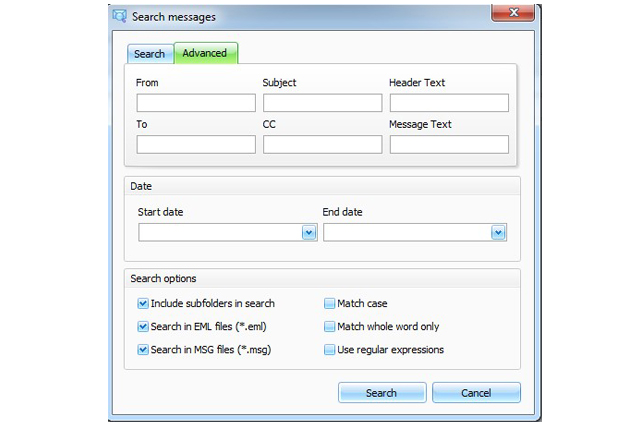 Screen shot of advanced search criteria window in MsgViewer Pro™.